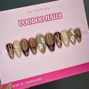 Mix and Match Brown Halloween Press On Nails. Ghost, Mummies, Spiderweb, Nails. Halloween Press On Nails.