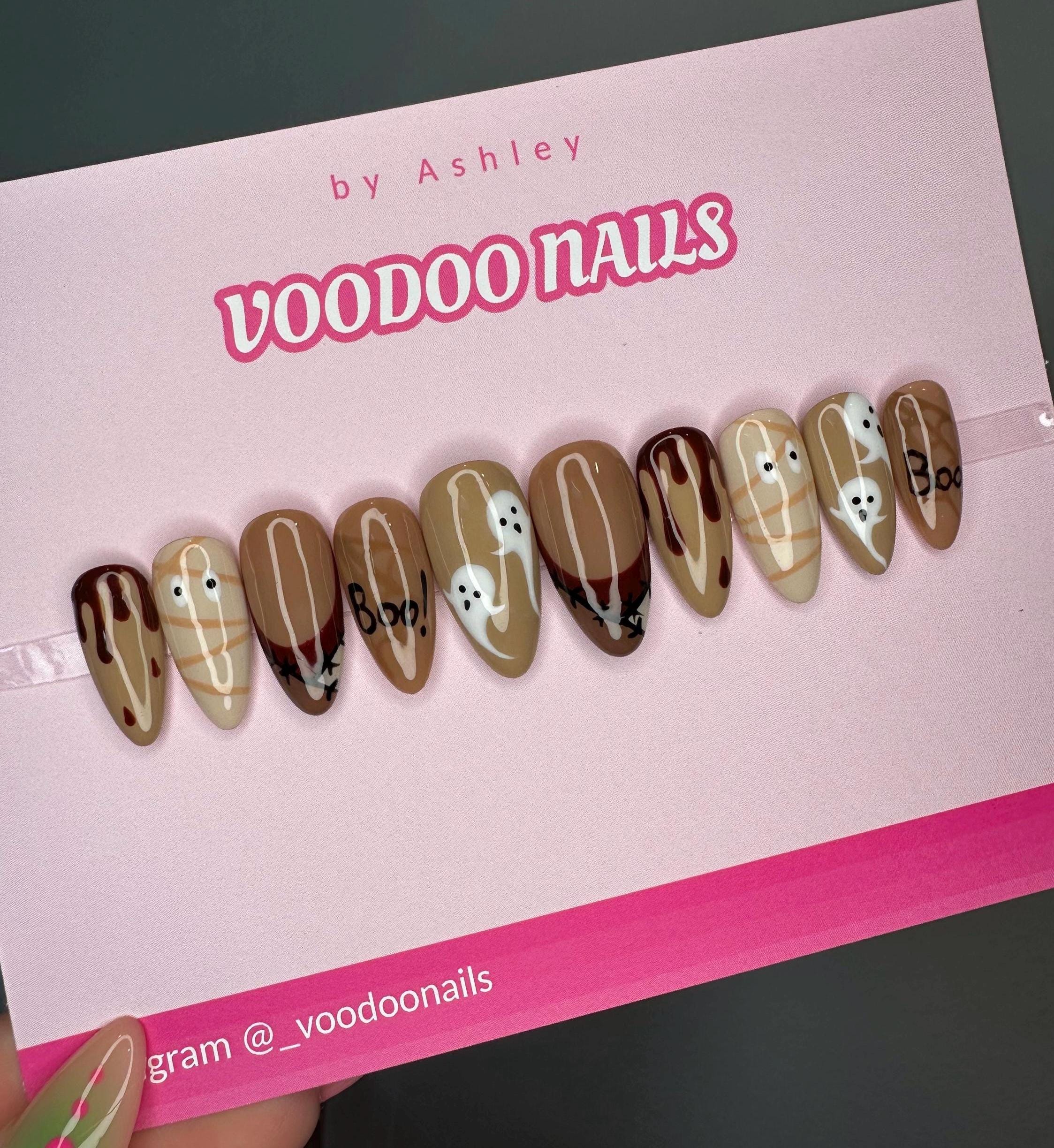 Brown Halloween Press On Nails: Ghost, Mummy, Spiderweb Designs