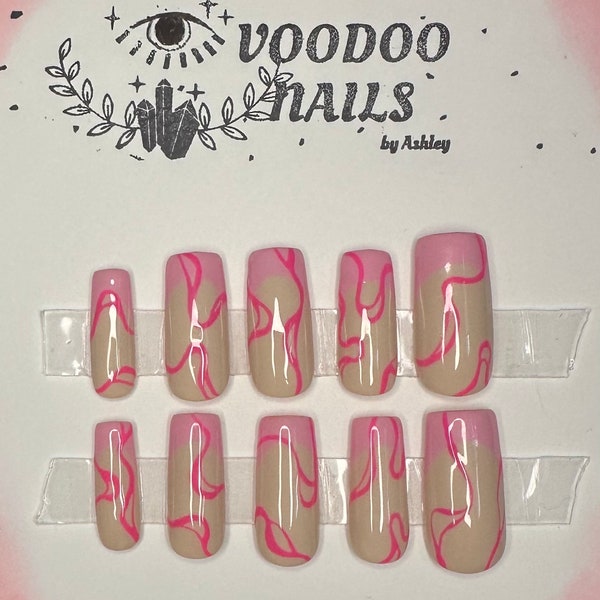 Pink French with Neon Pink Swirls Press On Nails. Reusable Press On Nails. Available in a Variety of Shapes/Lengths.