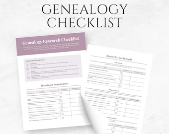 Plantilla de Canva para lista de verificación de genealogía. Rastreador de investigación de árbol genealógico editable. Plantilla imprimible para documentación de ascendencia. Organizador de historia familiar.