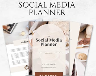 May include: A printable social media planner with a beige and white color scheme. The cover features a circle with the text "The Social Media Planner" and the text "A Planner From Your Name Goes Here". The planner has 38 pages.