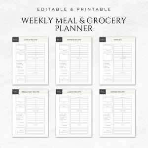 May include: Printable weekly meal and grocery planner with sections for lunch, dinner, breakfast, and snacks. The planner includes space for meal names, ingredients, instructions, and notes.