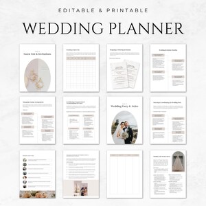 Puede incluir: Un planificador de bodas imprimible con secciones para la lista de invitados y las invitaciones, la fiesta de bodas y el atuendo, y m&aacute;s. El planificador presenta un dise&ntilde;o minimalista con una paleta de colores neutros.