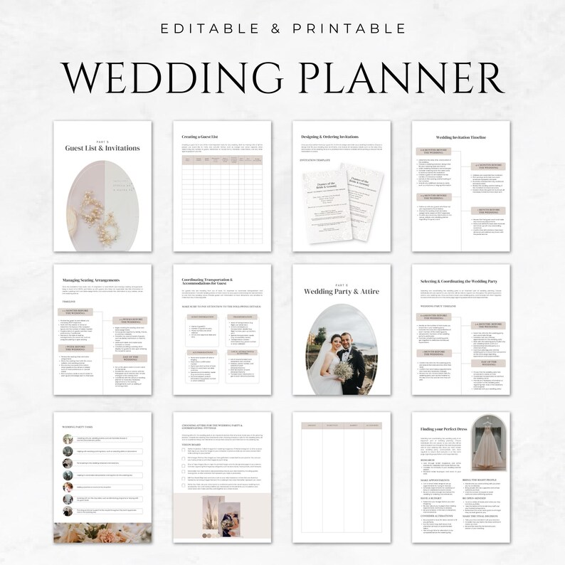 Puede incluir: Un planificador de bodas imprimible con secciones para la lista de invitados y las invitaciones, la fiesta de bodas y el atuendo, y m&aacute;s. El planificador presenta un dise&ntilde;o minimalista con una paleta de colores neutros.