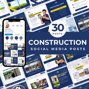 May include: A collection of 30 social media post templates for construction businesses. The templates feature a blue and yellow color scheme with images of construction projects and workers. The text on the templates includes phrases like "Time-Lapse Video", "We Are Hiring", "Employee of the Month", and "Project Update".