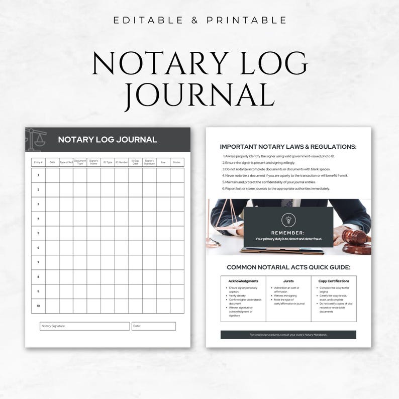 Litigation Log Example Notary Log Journal Template Printable Notary Record Book Editable ...