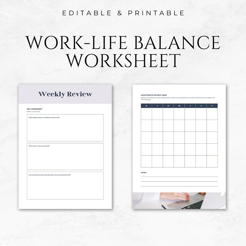May include: A printable worksheet to help you achieve work-life balance. The worksheet includes a weekly review section with prompts for self-assessment and a calendar grid for planning adjustments for the next week.