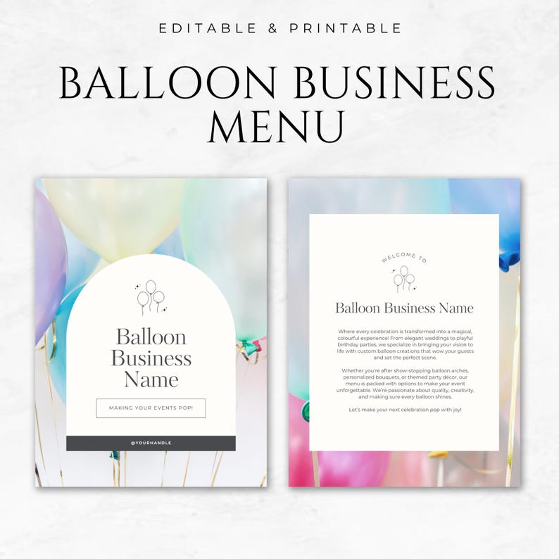 Balloon Business Menu Template Printable Editable Balloon Services Menu ...
