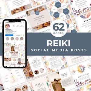 May include: A collection of 62 social media posts for a Reiki business. The posts feature watercolour illustrations of crystals, the number 11:11, and the words "Reiki" and "Reiki Course".
