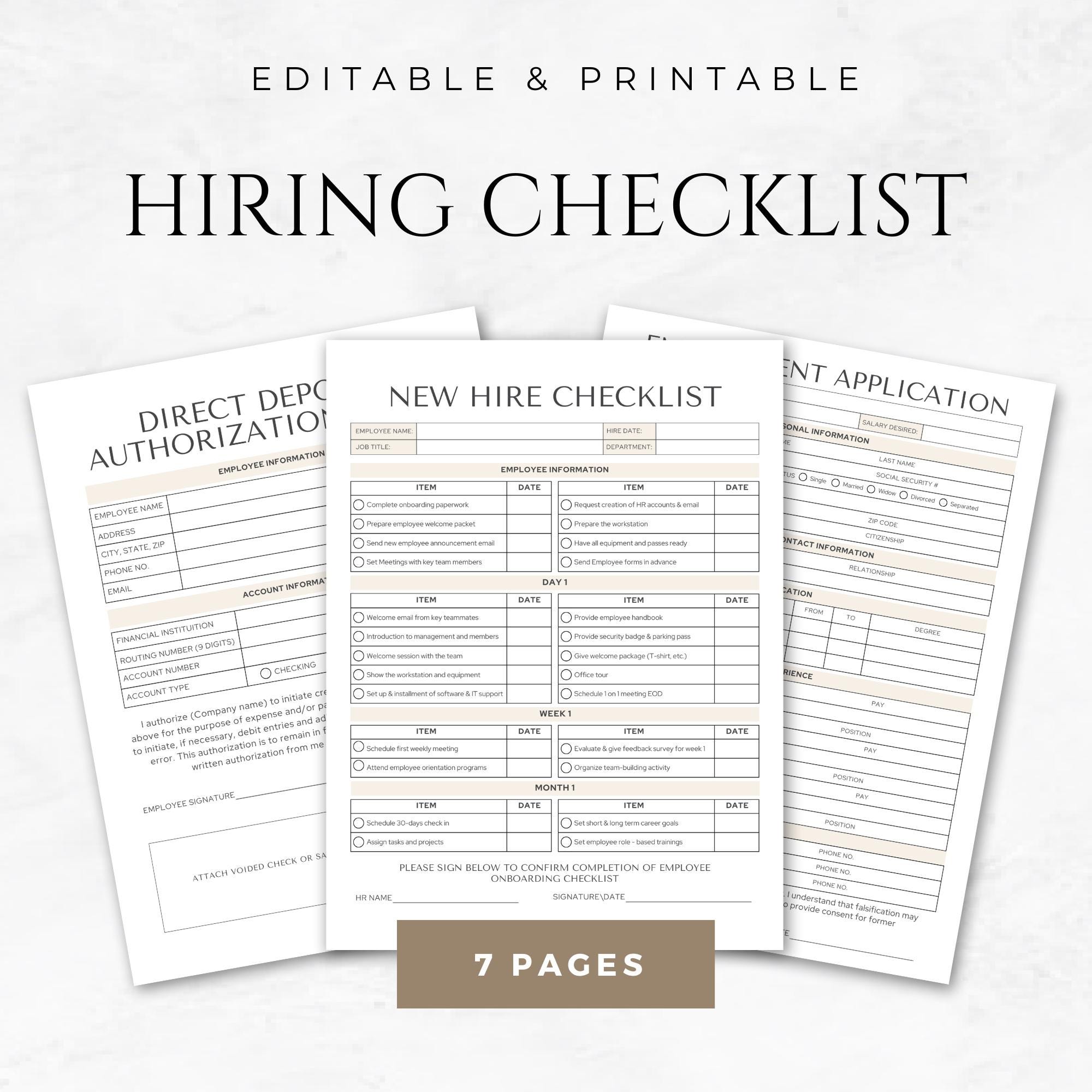 Hiring Checklist Template Printable New Hire Checklist Job Offer Letter Editable Printable HR Forms HR Templates Employee Forms HR Checklist