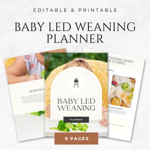 Può includere: Un planner stampabile per lo svezzamento a guida del bambino con uno schema di colori giallo, bianco e marrone. La copertina presenta un bambino seduto su una seggiolona con il testo "Baby Led Weaning Planner" e "9 Pages".