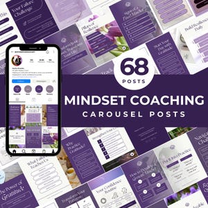 Könnte beinhalten: Lila und weiße Grafikdesign-Vorlagen für Social-Media-Posts. Der Text auf dem Bild lautet "Mindset Coaching Carousel Posts" und "68 Posts".