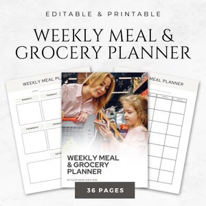 May include: A printable weekly meal and grocery planner with 36 pages. The planner features a simple design with a grid layout for meal planning and grocery lists. The cover image shows a mother and daughter shopping in a grocery store.