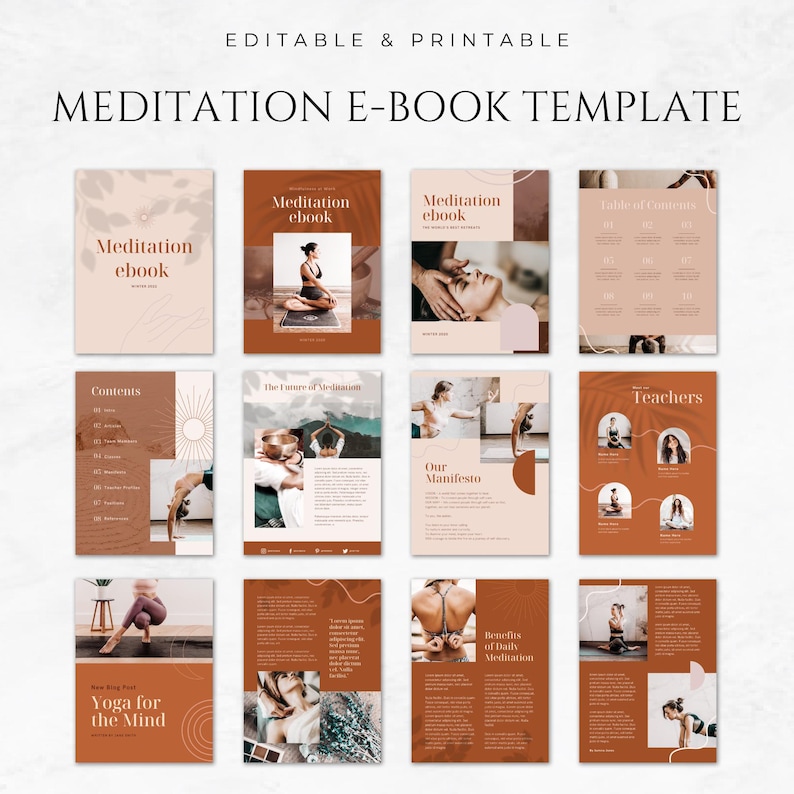 May include: A template for an e-book about meditation. The template features a brown and peach color scheme with images of people meditating and doing yoga. The text on the pages includes "Meditation ebook", "Contents", "The Future of Meditation", "Our Manifesto", "Teachers", "Benefits of Daily Meditation", and "Yoga for the Mind".