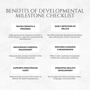 May include: A checklist outlining the benefits of using a developmental milestone checklist. The benefits include tracking growth and progress, early detection of delays, encouraging parental engagement, providing guidance and reassurance, supporting pediatrician visits, and promoting healthy development.
