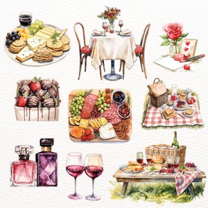 May include: A watercolour illustration depicting various romantic picnic scenes. The illustration features a table setting with wine glasses, a cheese and cracker platter, a charcuterie board, a picnic basket, a bouquet of flowers, a love letter, and two perfume bottles.