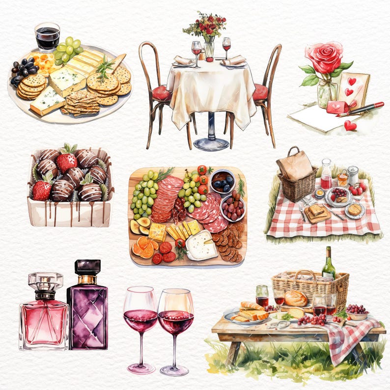 May include: A watercolour illustration depicting various romantic picnic scenes. The illustration features a table setting with wine glasses, a cheese and cracker platter, a charcuterie board, a picnic basket, a bouquet of flowers, a love letter, and two perfume bottles.