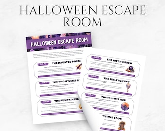 May include: Printable Halloween escape room game with purple and white cards. Each card has a clue with a spooky theme, such as "The Haunted Poem", "The Witch's Brew", "The Ghost's Mess", "The Skeleton Key", "The Pumpkin Puzzle", "The Spider's Web", and "The Final Door".