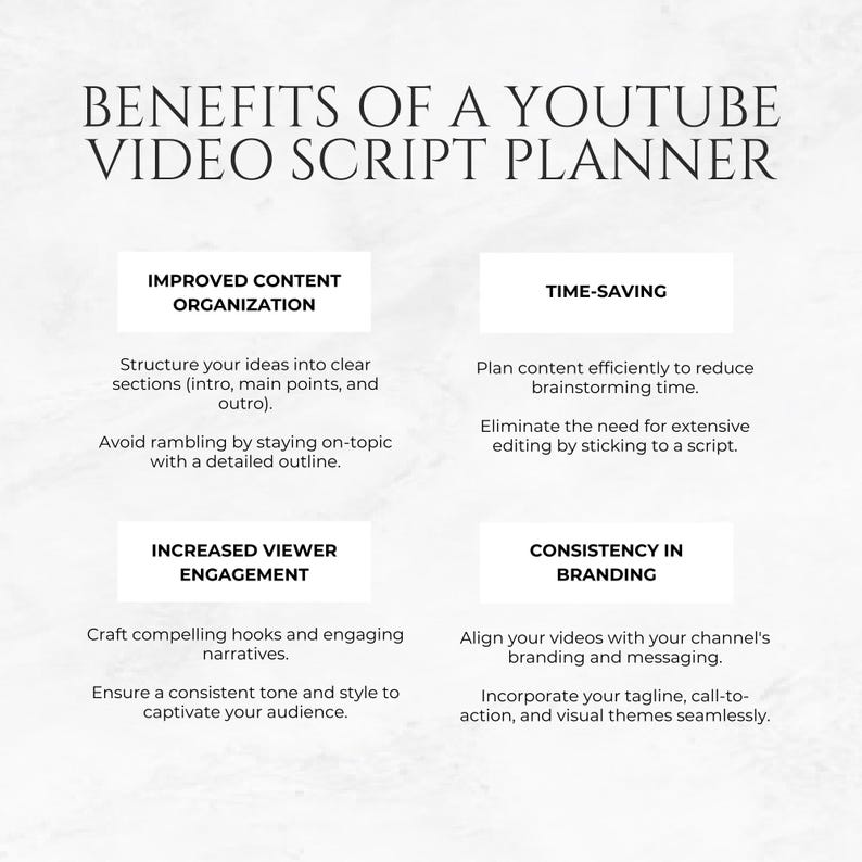 May include: A graphic titled "BENEFITS OF A YOUTUBE VIDEO SCRIPT PLANNER" detailing advantages of using a script planner. Benefits include improved content organisation, time-saving, increased viewer engagement, and consistency in branding.