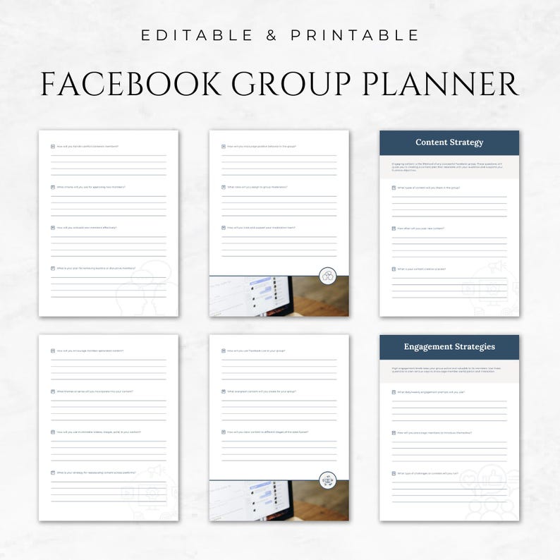 Op de afbeelding: Een printbare Facebook-groepsplanner met secties voor contentstrategie en betrokkenheidsstrategie&euml;n. De planner heeft een blauw en wit kleurenschema en toont een computerscherm met een Facebook-groepinterface.