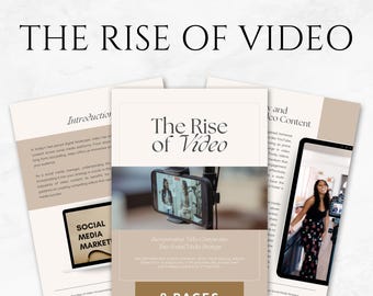Peut inclure: Un modèle de livre électronique intitulé "The Rise of Video" avec un schéma de couleurs beige et blanc. La couverture présente le titre dans une typographie élégante et une image d'un téléphone enregistrant une vidéo. D'autres pages sont visibles.