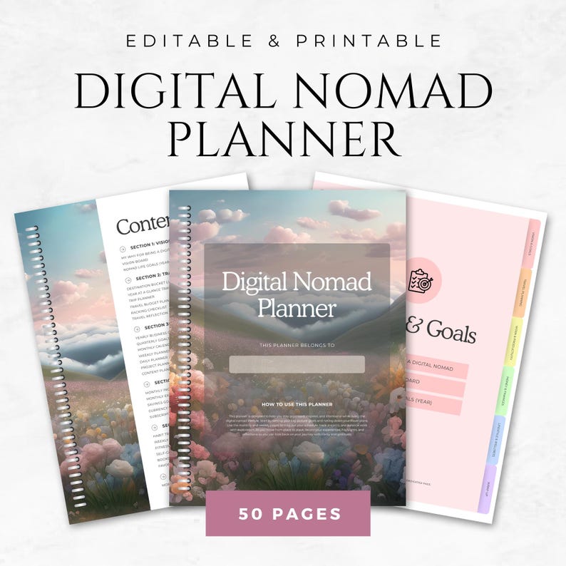 Puede incluir: Un planificador de n&oacute;mada digital con una cubierta de paisaje floral, encuadernado en espiral, y el texto "Digital Nomad Planner". El planificador incluye secciones para la visi&oacute;n, los viajes y los objetivos. La imagen tambi&eacute;n muestra el texto "Editable & Printable" y "50 Pages."