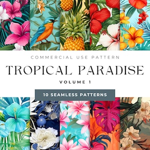 Sömlösa digitala mönster för tropiskt paradis, tropiska blommönster, tropiska fåglar, tropiskt fruktmönster, sommardigitala mönster