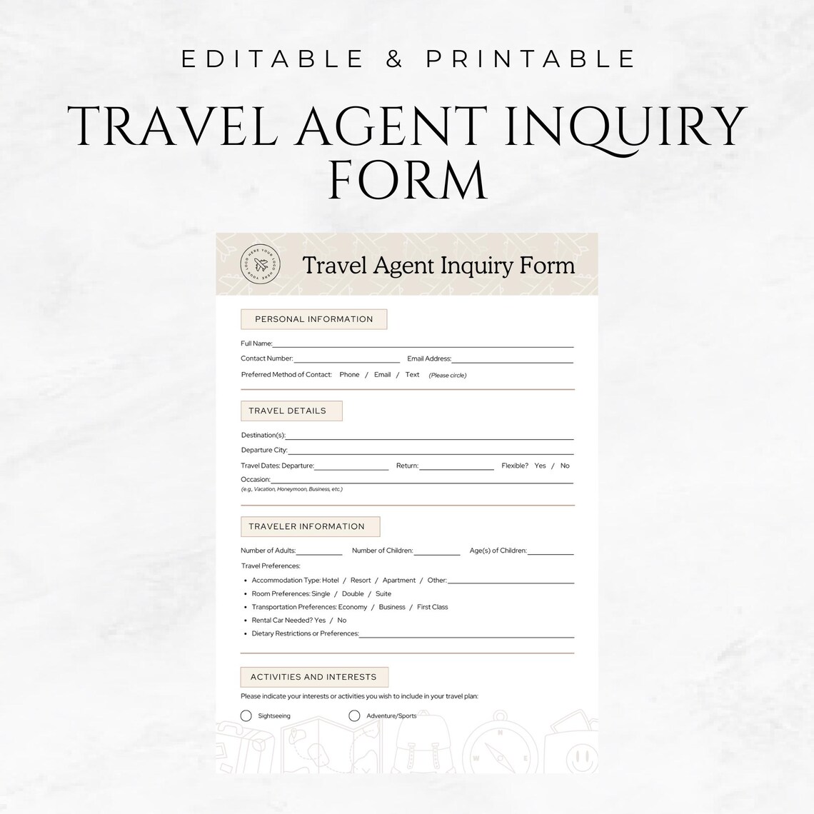 Travel Agent Inquiry Form Template Travel Business Form Travel Agency ...