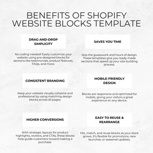 May include: A graphic with a white background and black text outlining the benefits of using Shopify website blocks templates. The benefits include drag-and-drop simplicity, consistent branding, mobile-friendly design, higher conversions, and easy to reuse and rearrange.