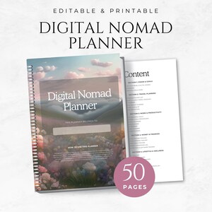 Puede incluir: Un planificador de n&oacute;mada digital con encuadernaci&oacute;n en espiral, con una portada de paisaje y el texto "Digital Nomad Planner". El planificador tiene 50 p&aacute;ginas y una p&aacute;gina de contenido. El texto "Editable & Printable" est&aacute; en la parte superior.