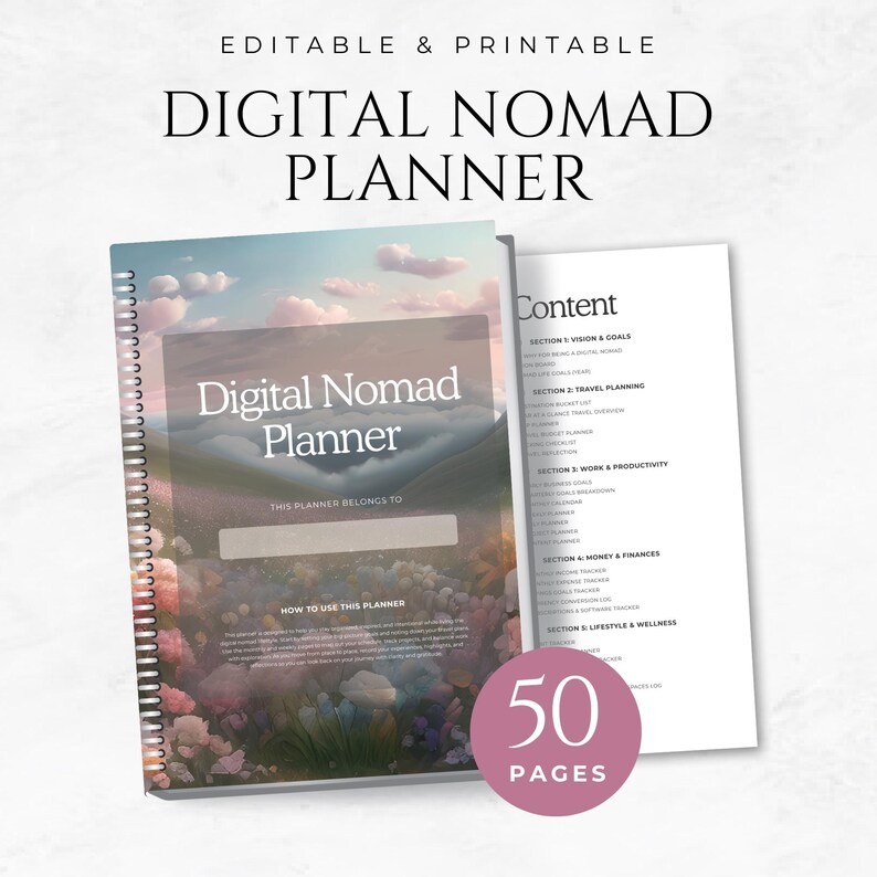 Puede incluir: Un planificador de n&oacute;mada digital con encuadernaci&oacute;n en espiral, con una portada de paisaje y el texto "Digital Nomad Planner". El planificador tiene 50 p&aacute;ginas y una p&aacute;gina de contenido. El texto "Editable & Printable" est&aacute; en la parte superior.
