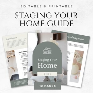 Puede incluir: Una guía imprimible titulada "Staging Your Home" con un icono de casa verde y blanca. La guía incluye 12 páginas de consejos sobre cómo preparar tu casa para la venta.