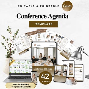 May include: A digital marketing image promoting a "Conference Agenda" template. The design includes a laptop, tablets, and smartphones displaying the template's layout. The image also features the text "Editable & Printable" and "42 Pages".
