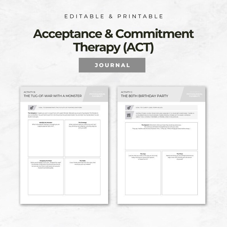 May include: A printable journal with the title "Acceptance & Commitment Therapy (ACT)". The journal includes sections for activities, such as "The Tug-of-War with a Monster" and "The 80th Birthday Party". The text is in black on a white background.