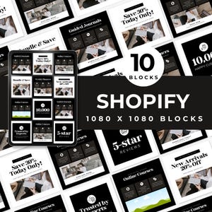 May include: A collection of 10 black and white Instagram post templates for Shopify stores. The templates feature text such as "Save 30% Today Only!" and "New Arrivals 20% Off".
