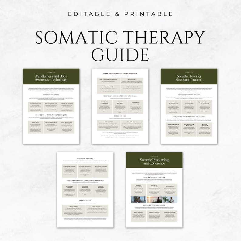May include: Printable guide to somatic therapy with four sections: Mindfulness and Body Awareness Techniques, Three Dimensional Breathing Techniques, Somatic Tools for Stress and Trauma, and Somatic Resourcing and Coherence.