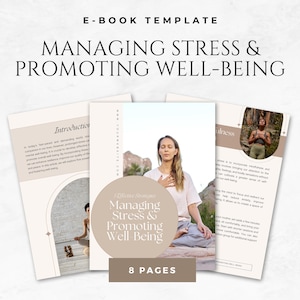 Puede incluir: Plantilla de libro electrónico titulada "Gestionar el estrés y promover el bienestar". La portada presenta a una mujer meditando, con el texto "5 estrategias efectivas" y "8 páginas". Páginas adicionales muestran contenido relacionado, incluida la palabra "Introducción".
