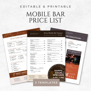 Modello di listino prezzi per bar mobili, menu bevande, menu cocktail, menu food truck, listino prezzi modificabile, menu bar stampabile, elenco menu eventi