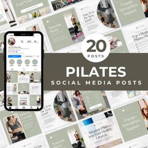 May include: A collection of 20 Pilates social media posts with a modern design. The posts feature images of people doing Pilates, along with text such as "Success Story" and "Integrate Pilates into Your Healthy Lifestyle."