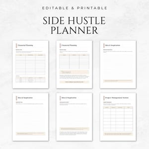 May include: Printable side hustle planner with sections for financial planning, idea and inspiration, and project management. The planner has a minimalist design with a beige background and black text.