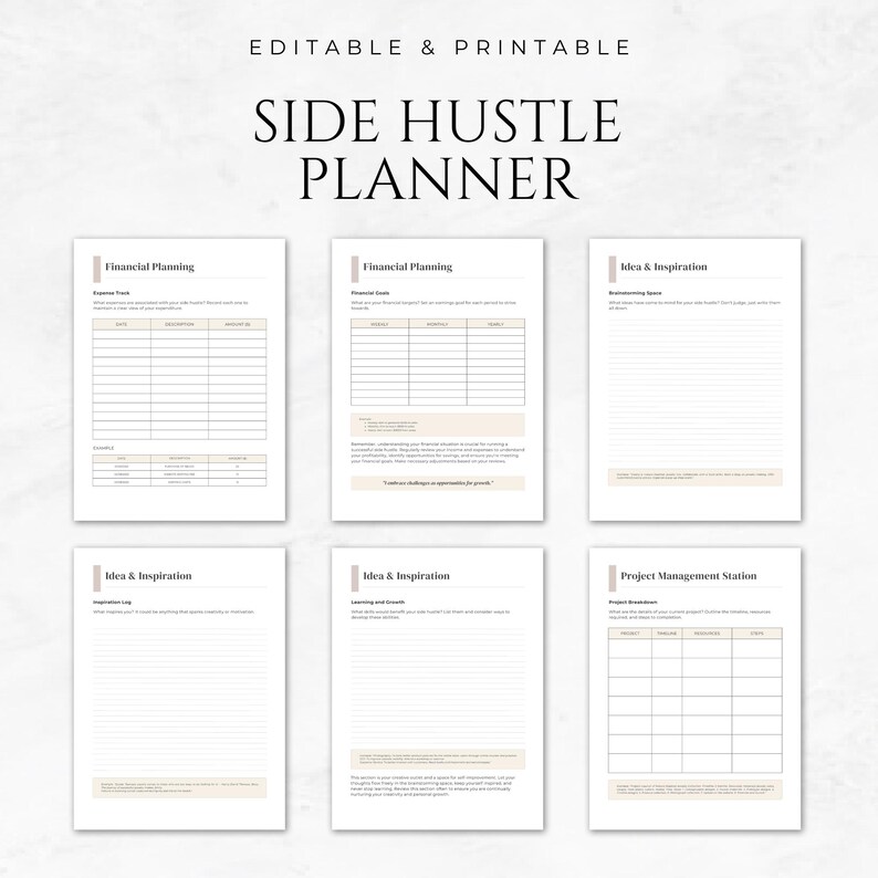 May include: Printable side hustle planner with sections for financial planning, idea and inspiration, and project management. The planner has a minimalist design with a beige background and black text.