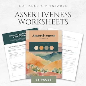 May include: A set of 35 printable worksheets for learning about assertiveness. The worksheets feature a watercolor background of a desert landscape with mountains and palm trees. The color palette for the worksheets is shown in the top right corner of the image.