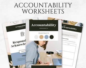 May include: A set of 60 printable accountability worksheets with a color palette of white, beige, light blue, and black. The worksheets are designed to help people take responsibility for their actions and improve their lives.