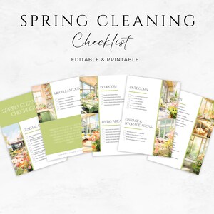 Może przedstawiać: Drukowana lista kontrolna wiosennych porządk&oacute;w, zatytułowana "Spring Cleaning Checklist" czcionką skryptową. Lista kontrolna podzielona jest na sekcje dotyczące sprzątania og&oacute;lnego, r&oacute;żnych zadań, sypialni, salonu, na zewnątrz oraz garażu/pomieszczeń magazynowych.