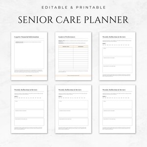 May include: Printable senior care planner with sections for legal and financial information, goals and preferences, and weekly reflection and review.