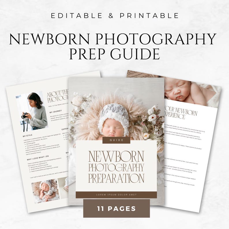 May include: A guide for newborn photography preparation with a brown background and white text. The guide includes 11 pages of information and tips for preparing for a newborn photoshoot. The cover features a photo of a newborn baby sleeping in a white knitted hat.