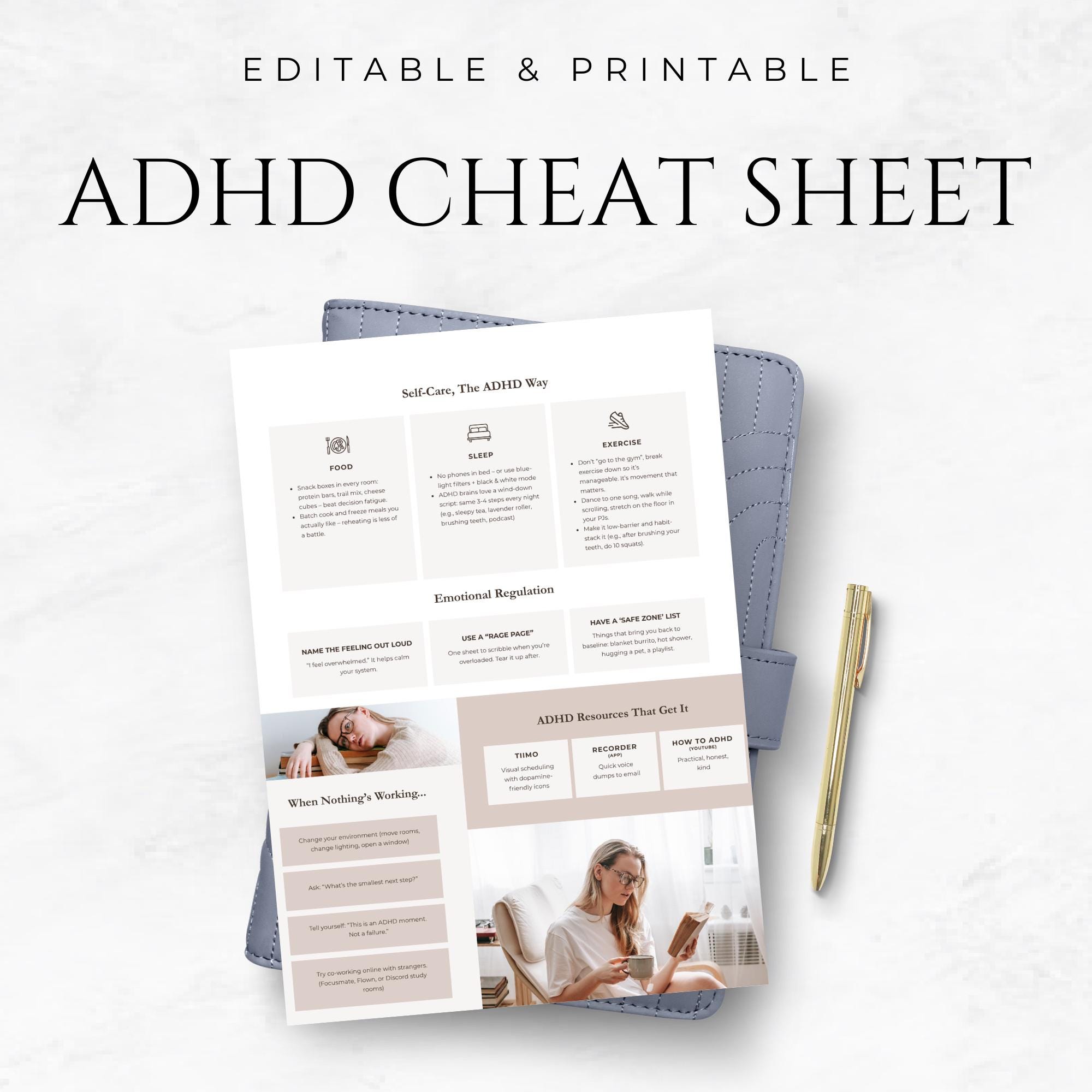 ADHD Cheat Sheet Canva Template Editable ADHD Strategy Guide Printable ...