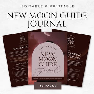 Könnte beinhalten: Drei gestapelte Journale mit dem Titel "New Moon Guide Journal". Das zentrale Journal hat einen rosa Bogen mit den Worten "The Complete New Moon Guide Journal". Die Journale sind auf weißem Hintergrund, mit dem Text "16 Pages".