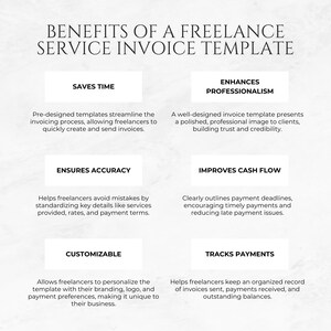 May include: A graphic with a white background and black text outlining the benefits of using a freelance service invoice template. The benefits include saving time, enhancing professionalism, ensuring accuracy, improving cash flow, being customizable, and tracking payments.