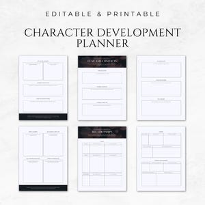 May include: Printable character development planner with sections for character backstory, fears and conflicts, relationships, and themes. The planner has a black and white design with a dark gray background.